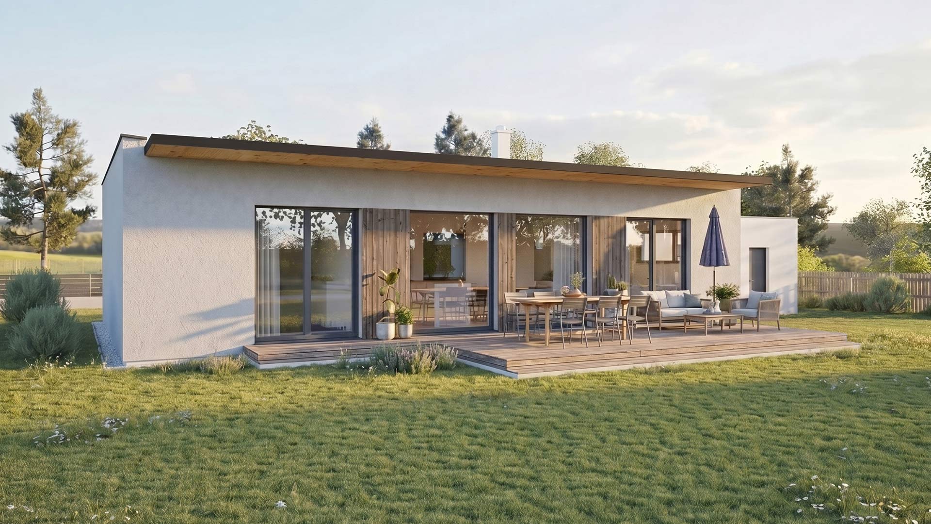 Modern einstöckiges Haus mit großer Holzterrasse, Gartenmöbeln und Sonnenschirm im grünen Garten.