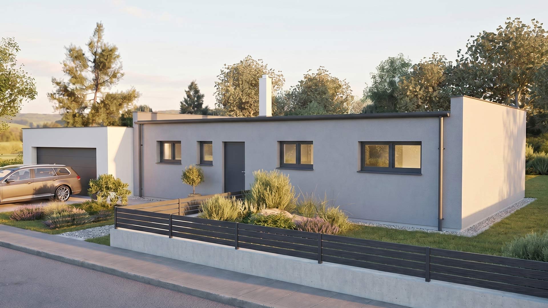 Modern eingeschossiges Haus mit Garage, Garten und Holzlattenzaun an ruhiger Straße.