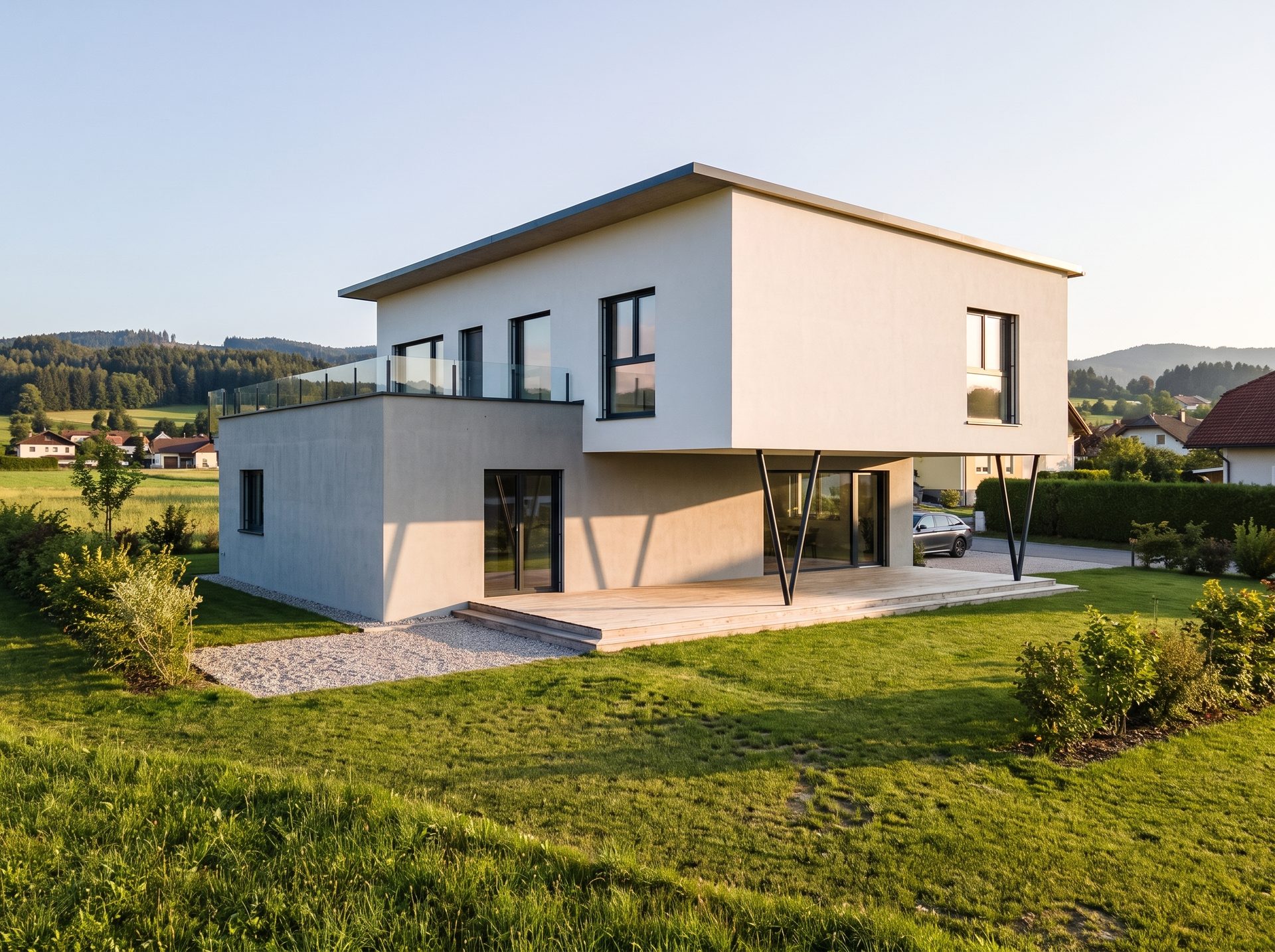 Avantgarde 196 P mit ausgebautem Obergeschoss, Dachterrasse und überdachtem Terrassenbereich.