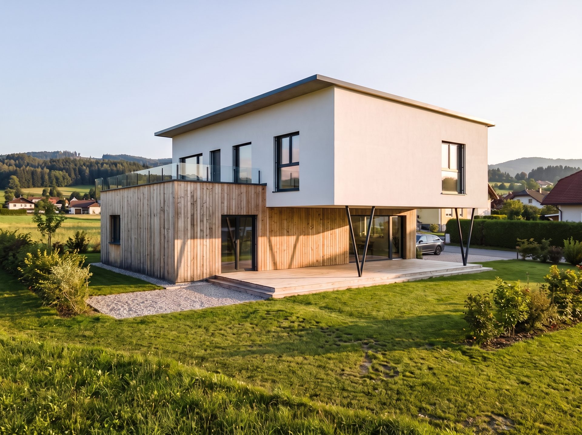 Avantgarde 196 P mit Holzschalung im Erdgeschoss und aufgestocktem Obergeschoss mit Dachterrasse.