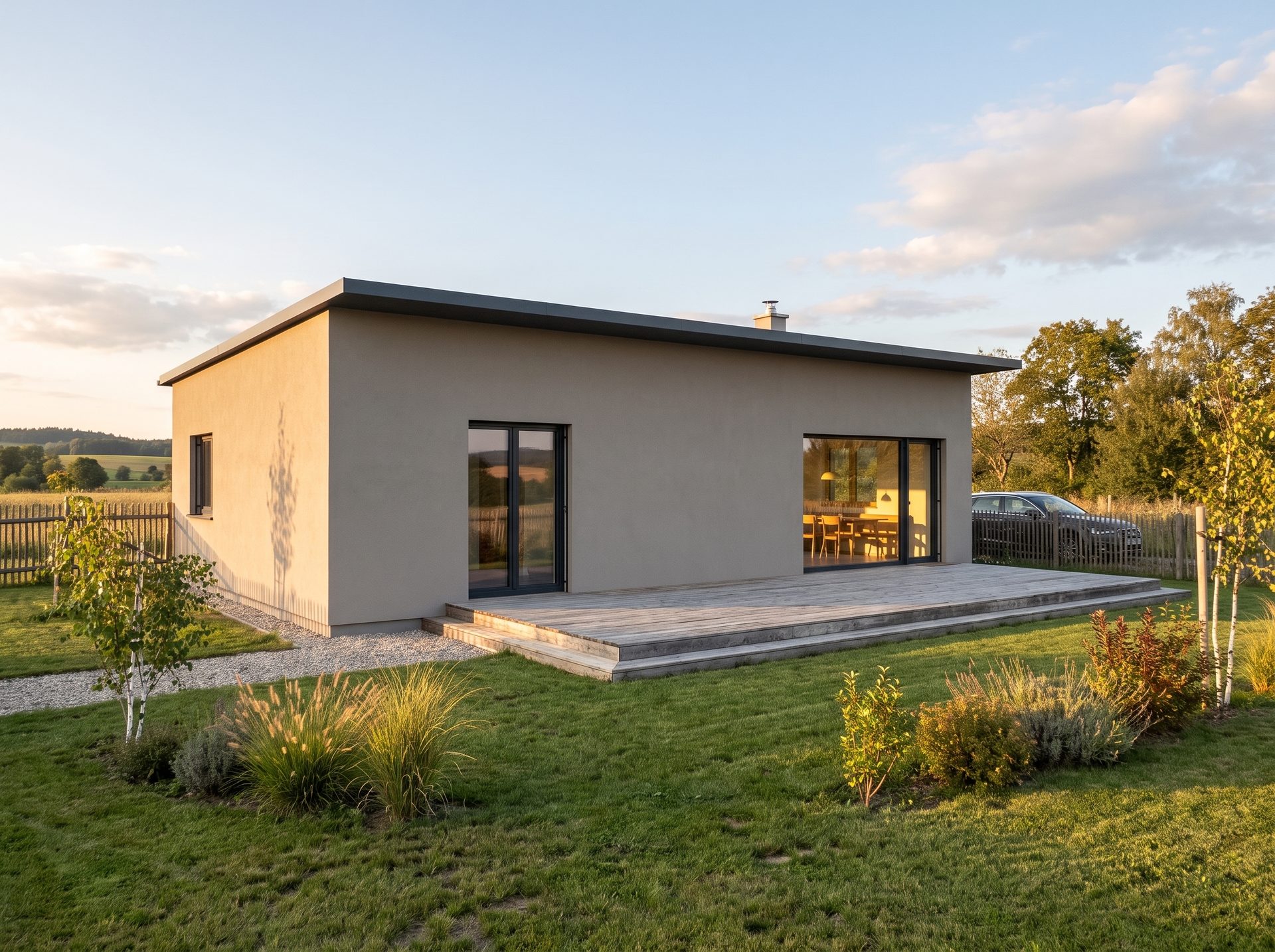 Avantgarde 196 P als eingeschossiger Bungalow mit Pultdach, Holzterrasse und Garten.