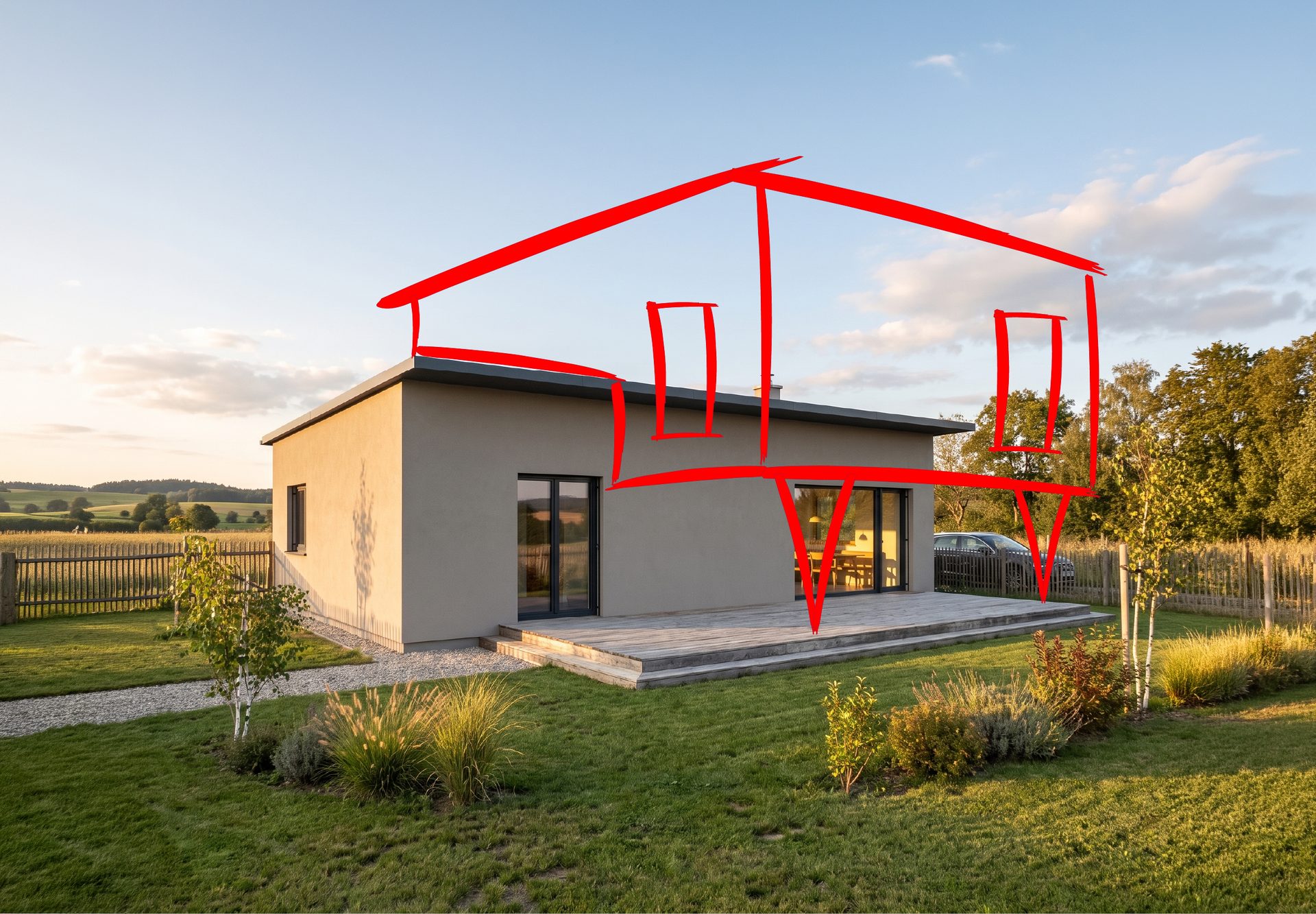 Avantgarde 196 P als Bungalow mit rot skizzierter Aufstockung als spätere Erweiterung.