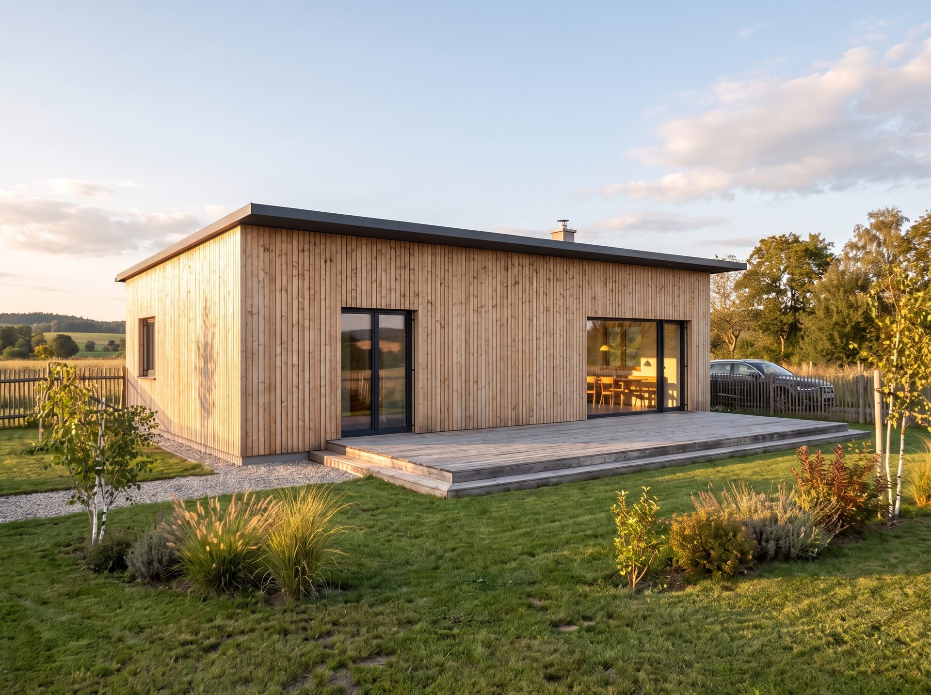 Avantgarde 196 P als Bungalow mit senkrechter Holzschalung und Holzterrasse.