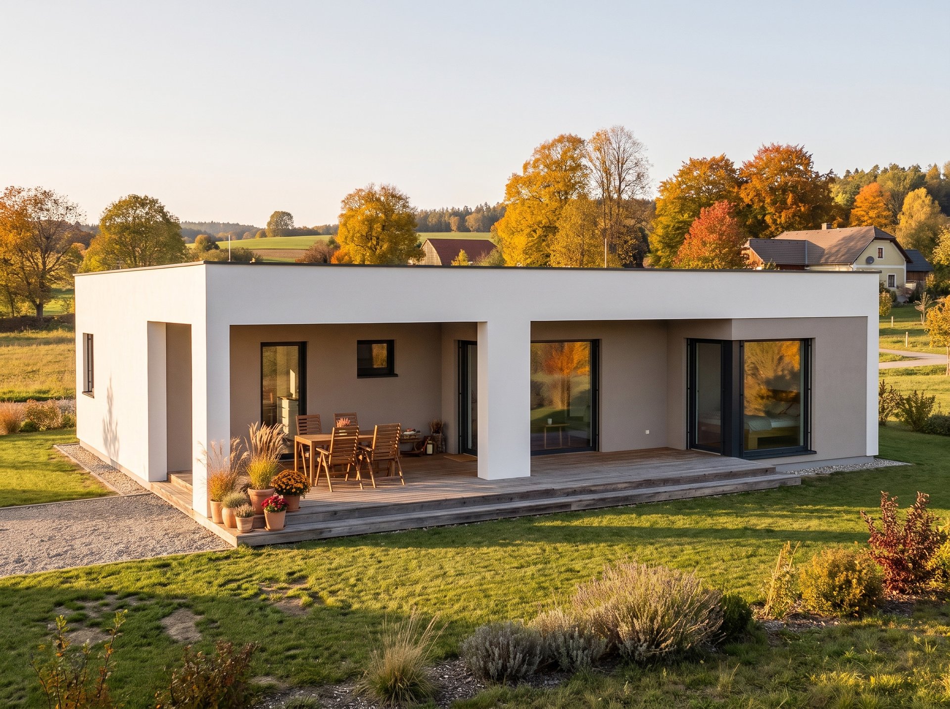 Avantgarde 95 F als eingeschossiger Flachdach-Bungalow mit überdachter Holzterrasse und Garten.