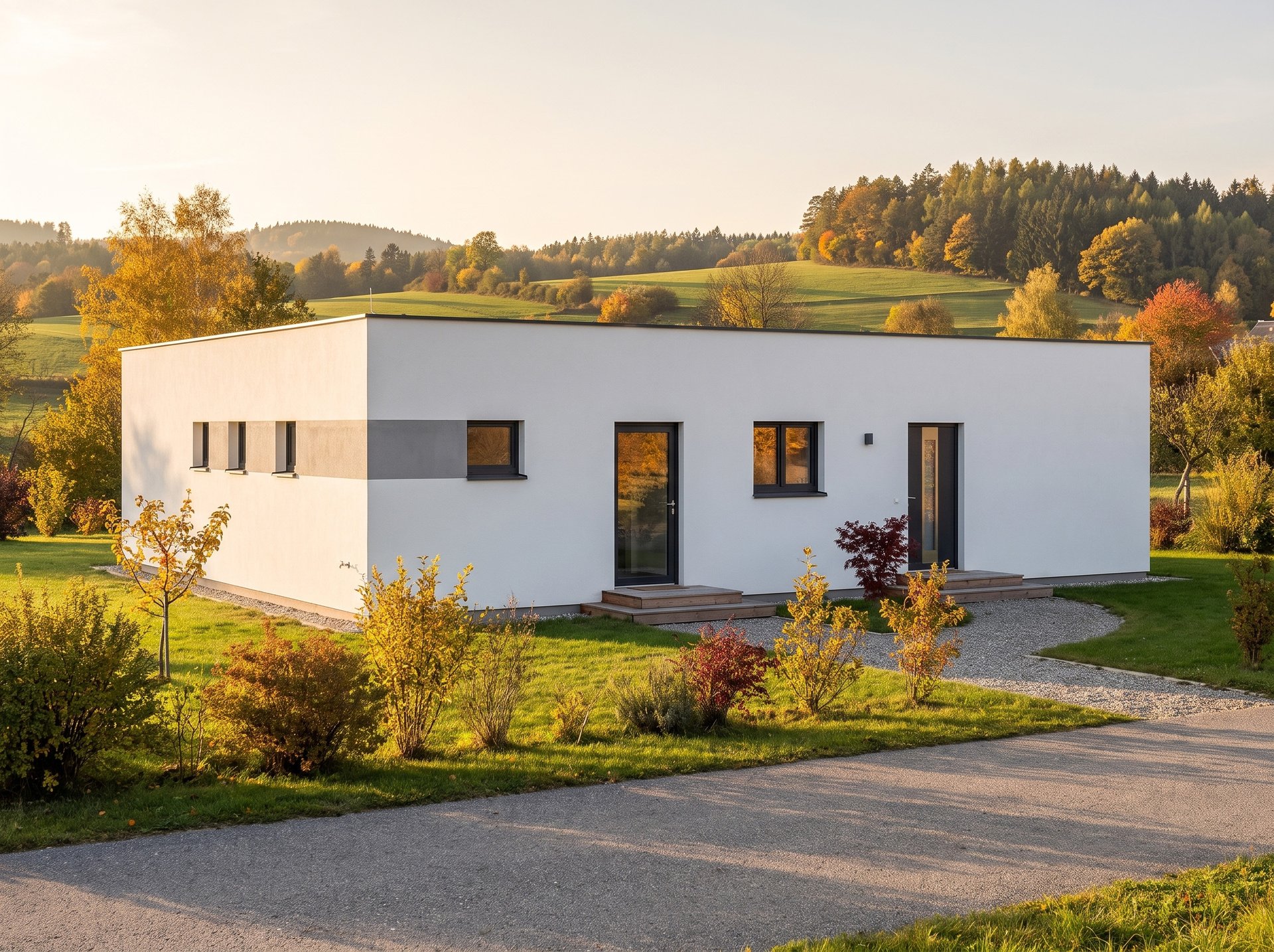 Avantgarde 95 F von der Straßenseite mit zwei separaten Eingängen.
