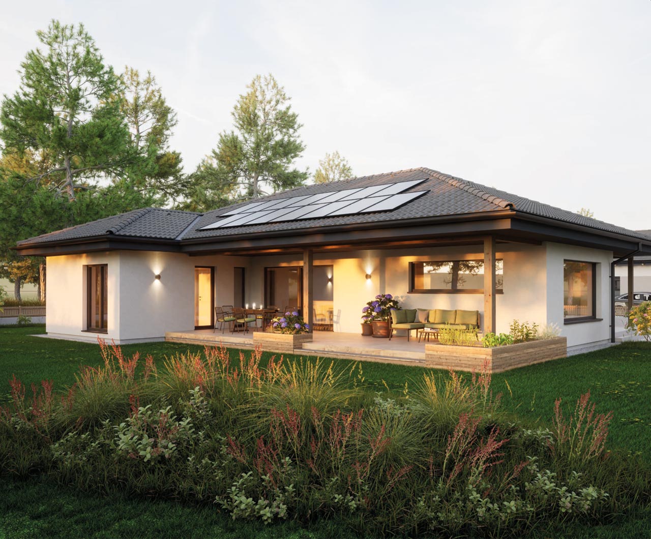 Hartl Haus Ambition 121 W: Bungalow mit Walmdach, Photovoltaikanlage, Terrasse und Garten