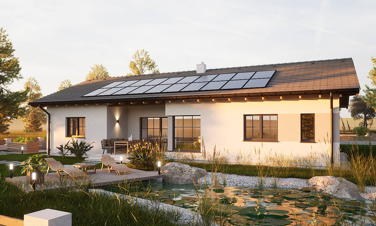 Hartl Haus Ambition 127 S: Bungalow mit Satteldach, Photovoltaikanlage, Terrasse und Gartenteich im Vordergrund