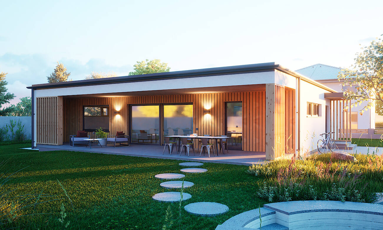 Hartl Haus Ambition 131 W: Bungalow mit Walmdach, Terrasse und Garten