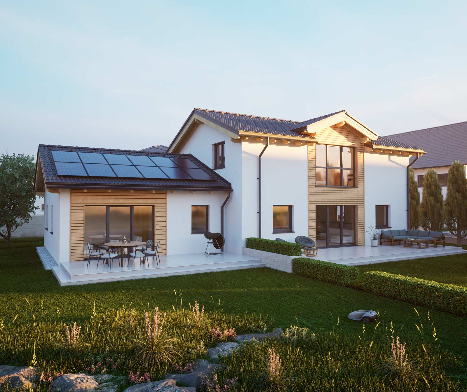 Mehrfamilienhaus mit Satteldach, Einliegerwohnung mit Solaranlage und großer Terrasse