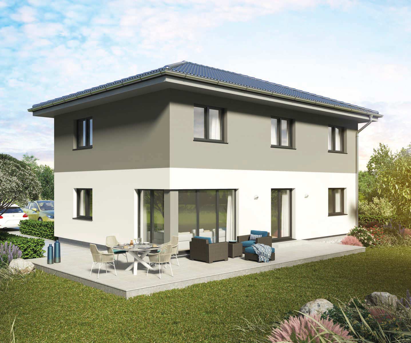 Hartl Haus Ambition 165W: Einfamilienhaus mit Walmdach, Terrasse und Garten