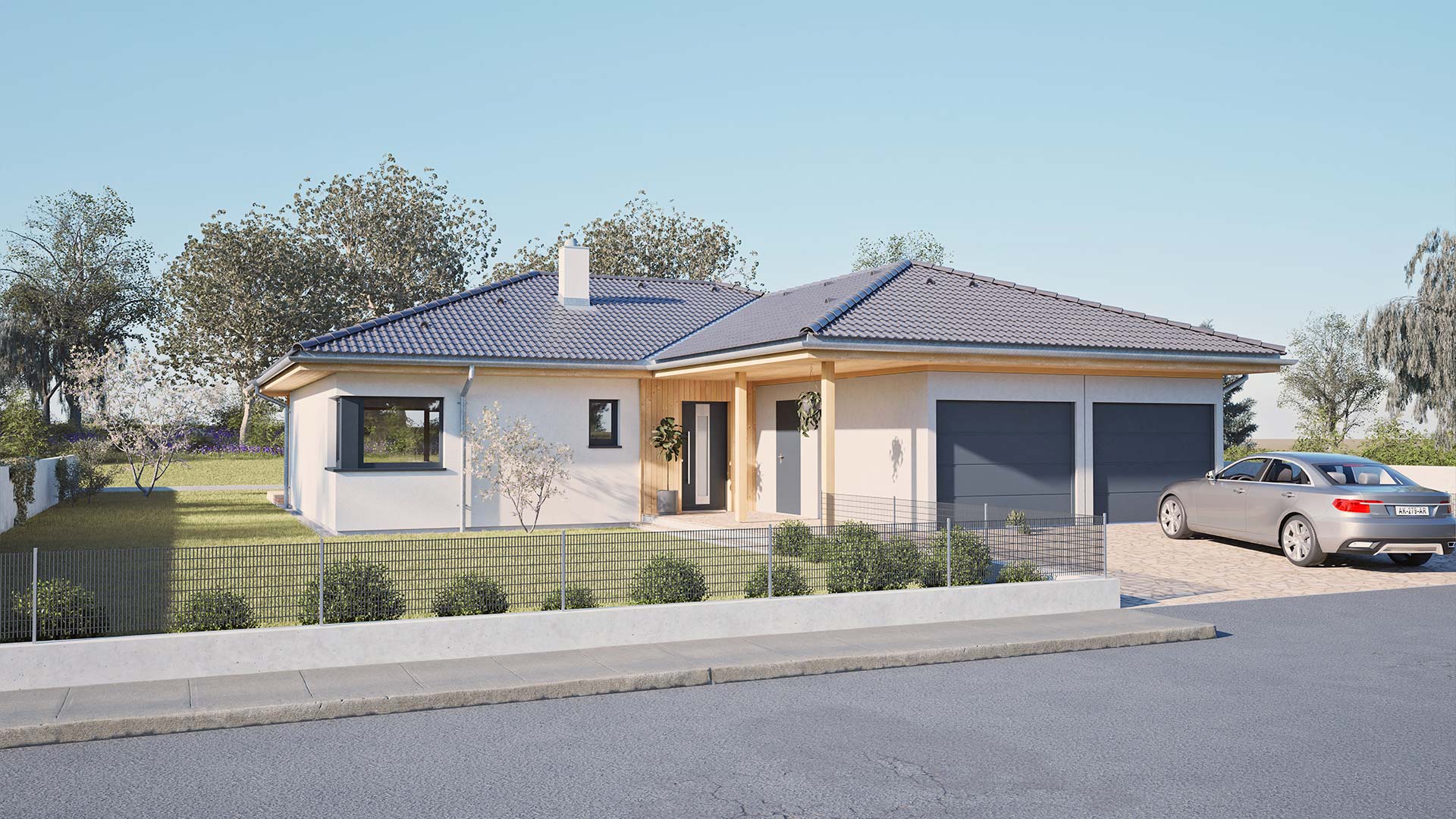 Großzügiger Bungalow mit Doppelgarage, Walmdach und hell verputzter Fassade, eingefasst von einem gepflegten Vorgarten.