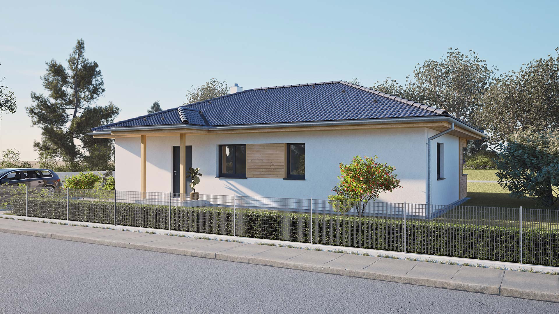 Moderner Bungalow mit Walmdach, hellem Putz und Holzdetails an der Fassade, umgeben von einem gepflegten Garten und Einfahrt mit Auto.