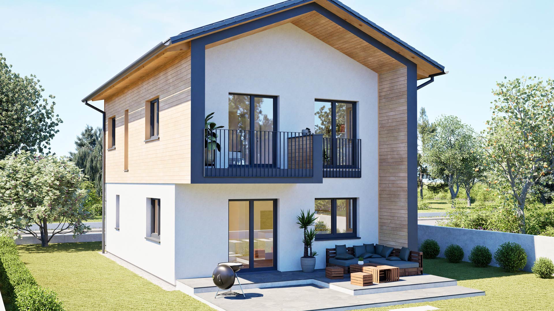 Modernes zweigeschossiges Haus mit Terrasse, Sitzgruppe und Balkon