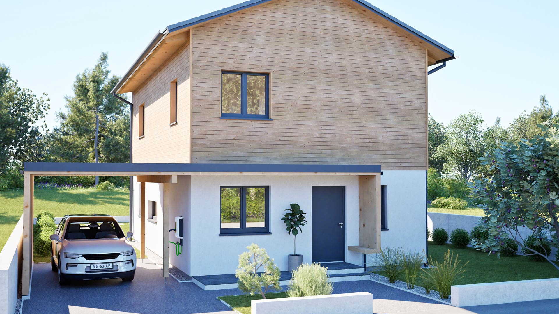 Eingang eines modernen Hauses mit Carport und Elektroauto