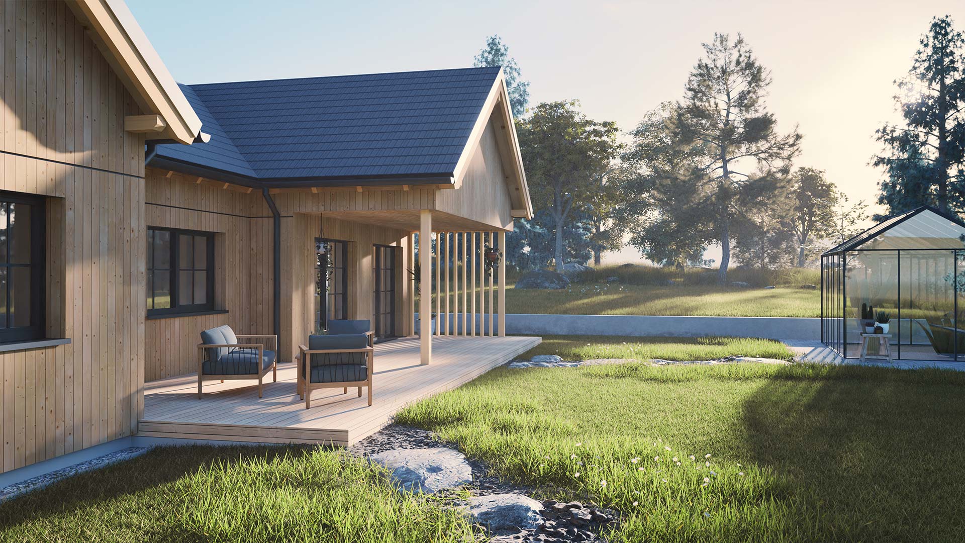 Nahaufnahme der Holzterrasse des Hauses, ausgestattet mit bequemen Loungemöbeln. Im Hintergrund ein modernes Glashaus und ein gepflegter Garten mit Rasen.