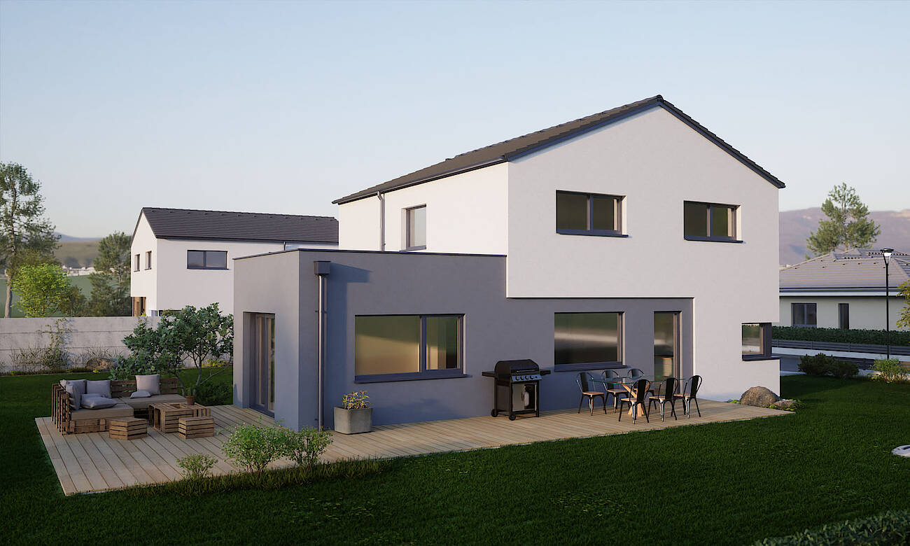 Moderne Außenansicht eines zweigeschossigen Einfamilienhauses mit Flachdachanbau, großzügiger Holzterrasse mit Sitz- und Essbereich im Garten.