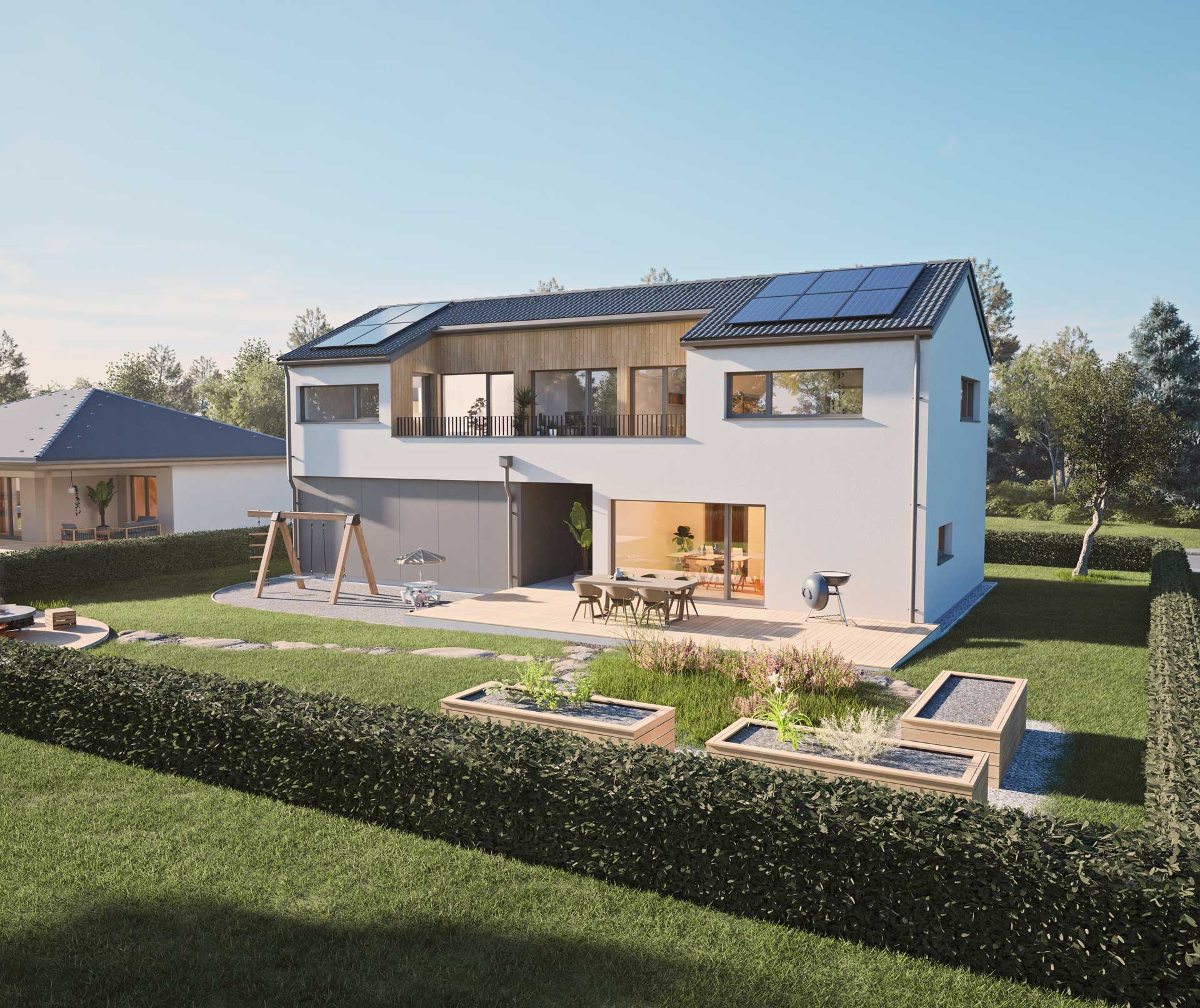Familienhaus mit Terrasse, Hochbeeten, Schaukel und Solarpanels auf dem Dach