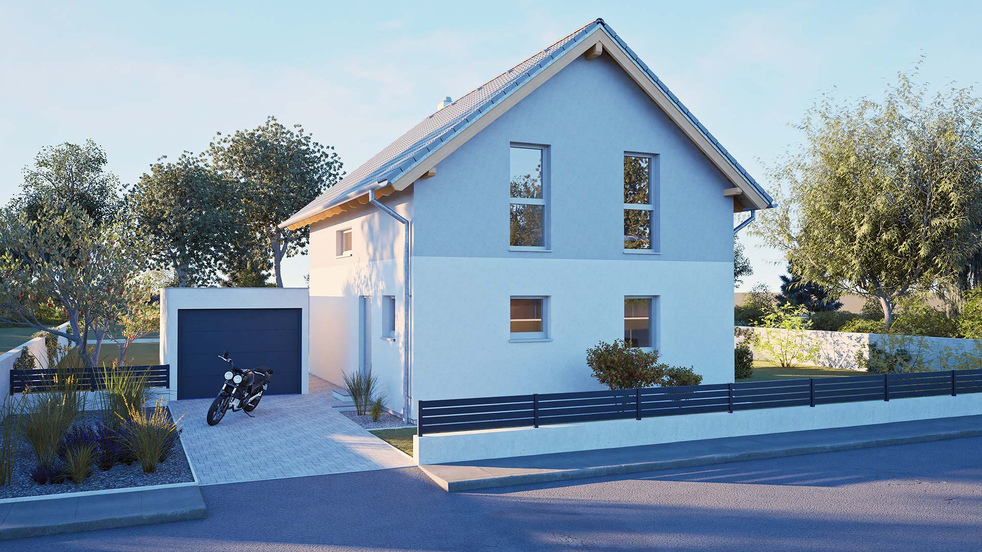 Modernes Einfamilienhaus mit blauer und weißer Putzfassade, Satteldach und angrenzender Garage mit Motorrad in der Einfahrt.