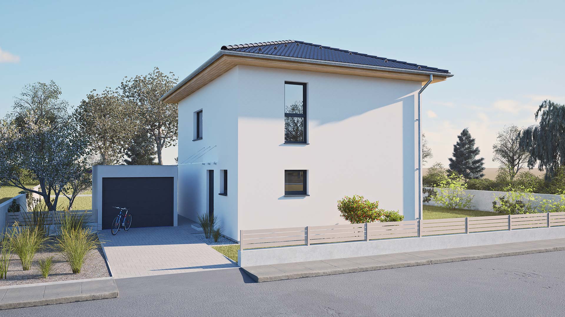 Einfamilienhaus von Hartl Haus mit Garage und klarer, moderner Architektur.