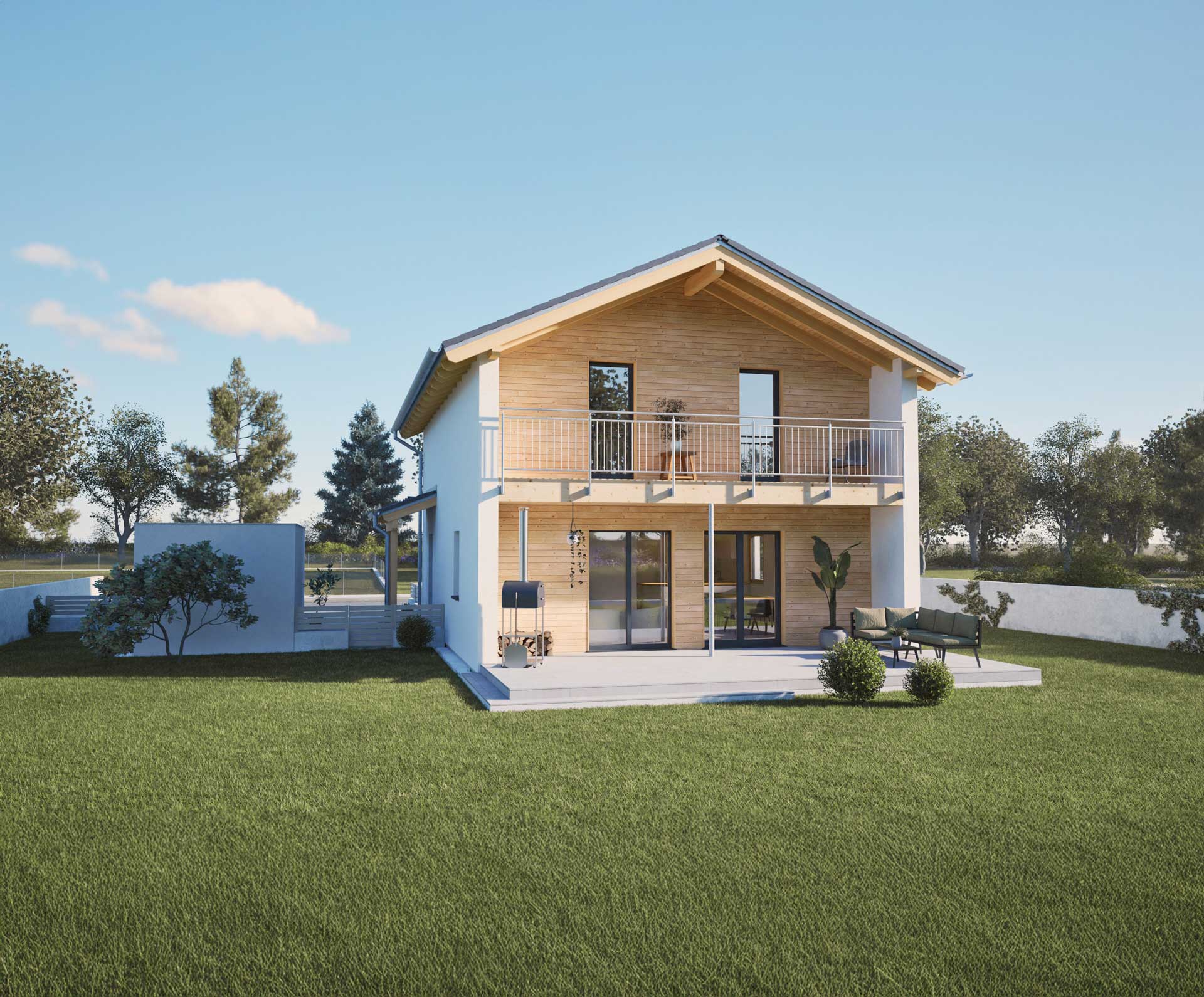 Modernes Einfamilienhaus mit Holzfassade und überdachter Terrasse im Garten