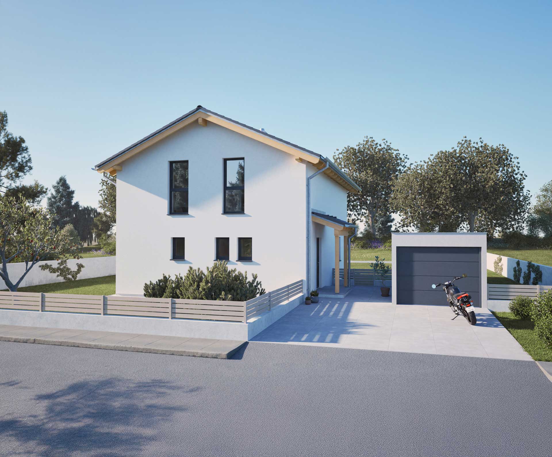 Rückseite eines Einfamilienhauses mit Garage, Einfahrt und Motorrad