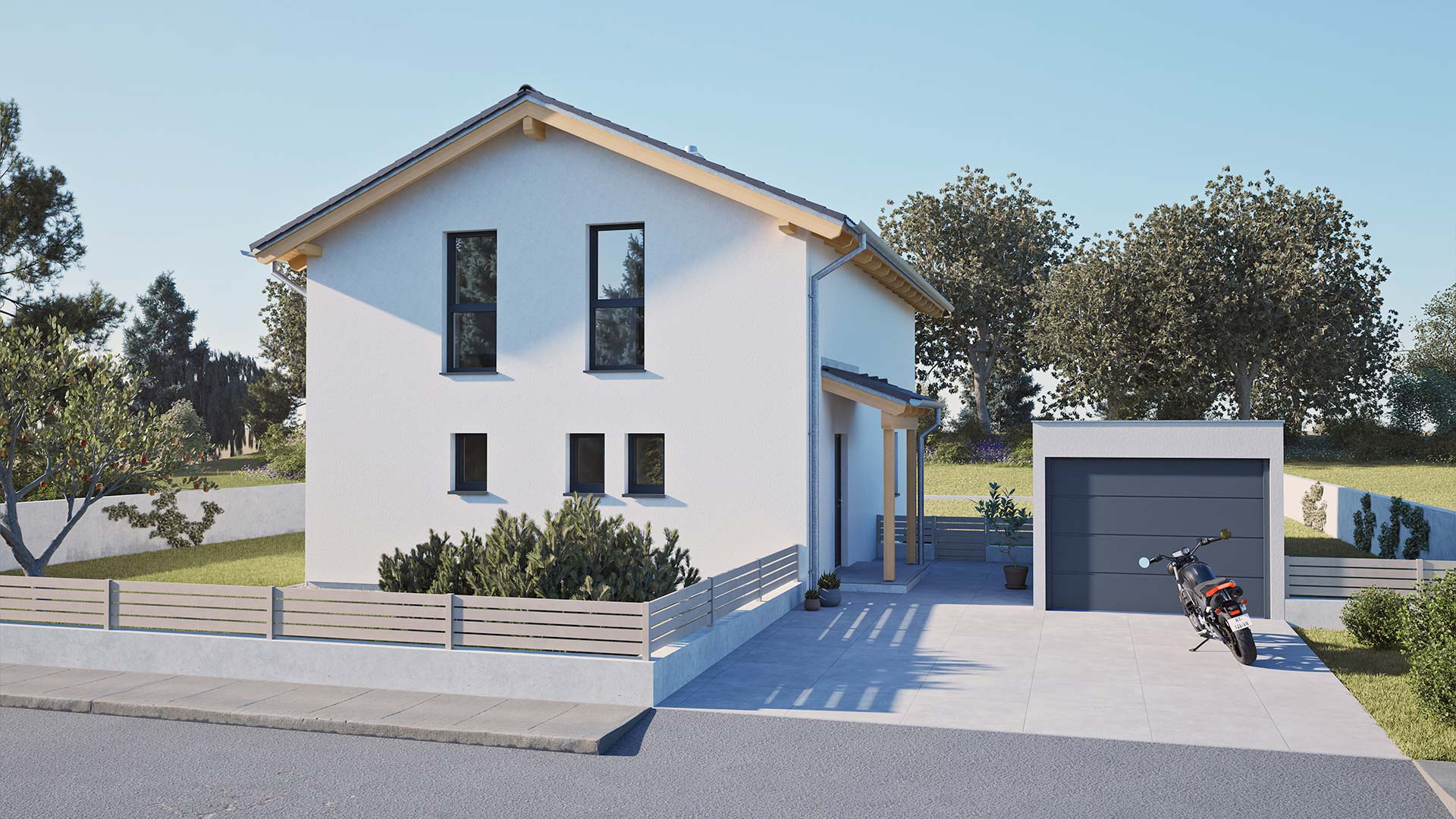 Modernes Hartl Haus Fertighaus mit Satteldach, Garage und kleinem Vorgarten.