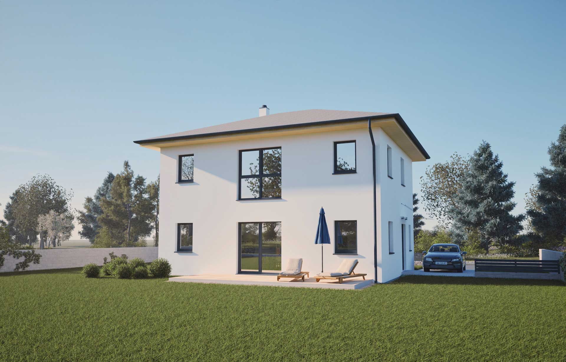 Einfamilienhaus mit flachem Walmdach, großer Fensterfront und Terrasse im Garten