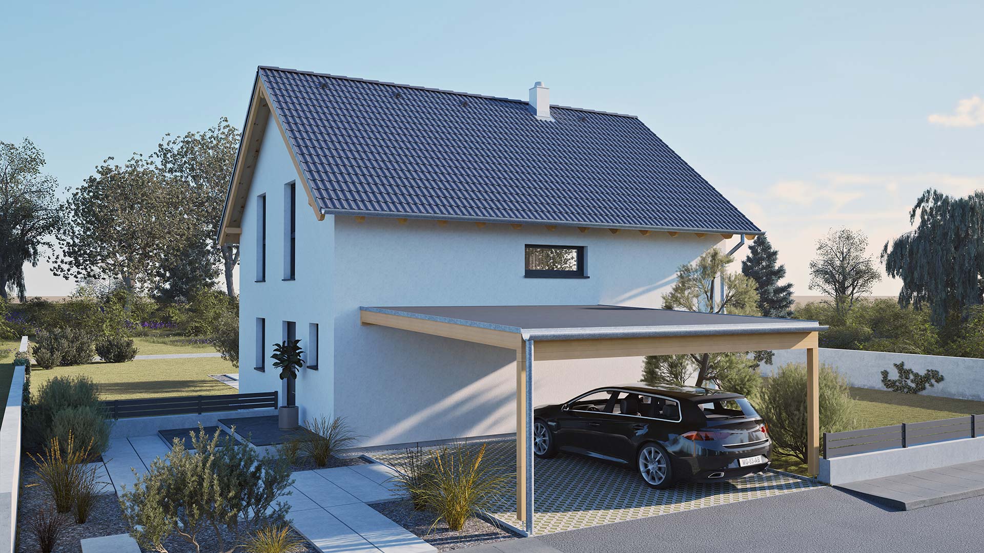 Modernes Hartl Haus mit Satteldach, Carport und gepflegtem Vorgarten.