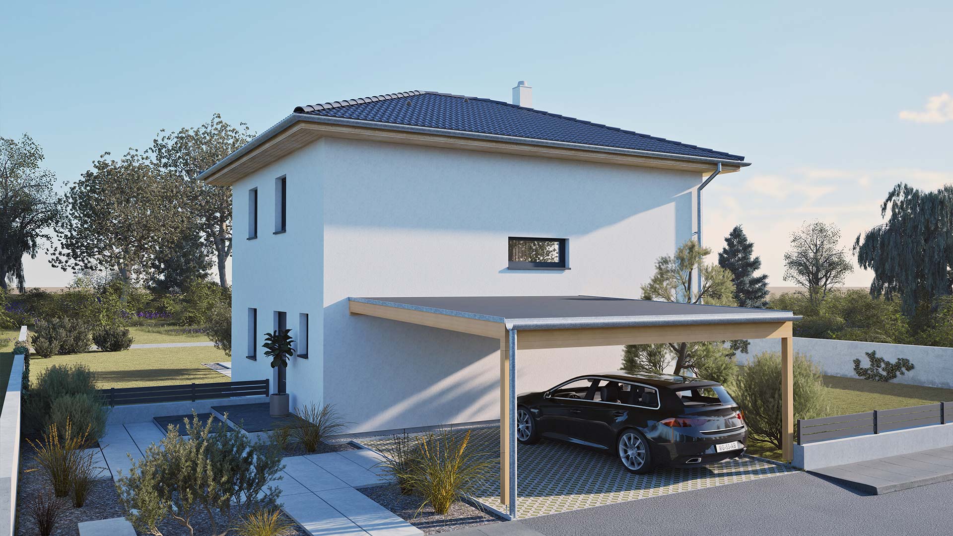 Modernes Hartl Haus mit Satteldach, Carport und gepflegtem Vorgarten.