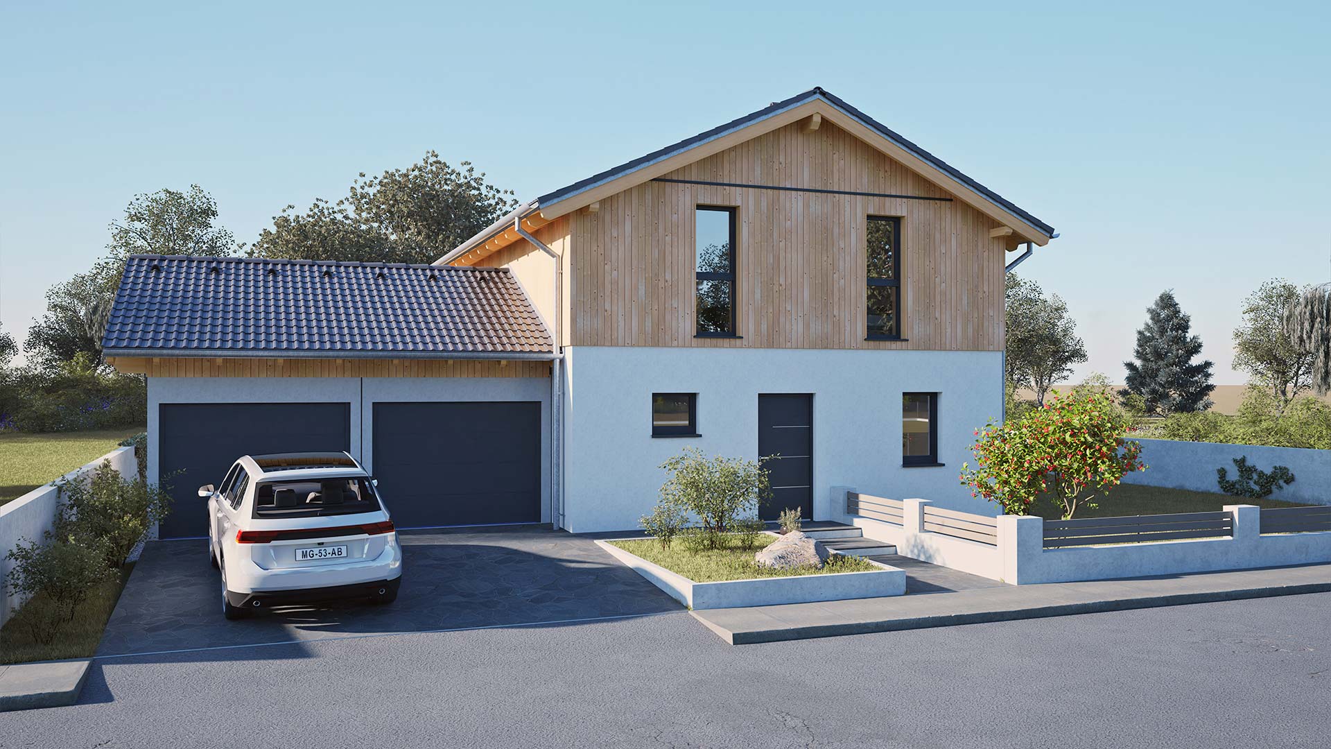 Hartl Haus Fertighaus mit Holzfassade im Obergeschoss und Doppelgarage.