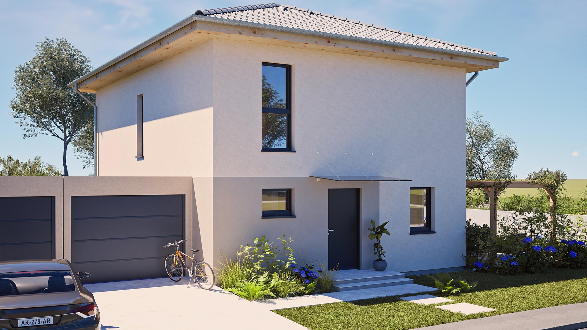 Modernes zweistöckiges Haus mit weißer Fassade, zwei Garagentoren, einem Fahrrad vor der Garage, schwarzer Haustür, einigen Pflanzen und einem Auto im Vorgarten.