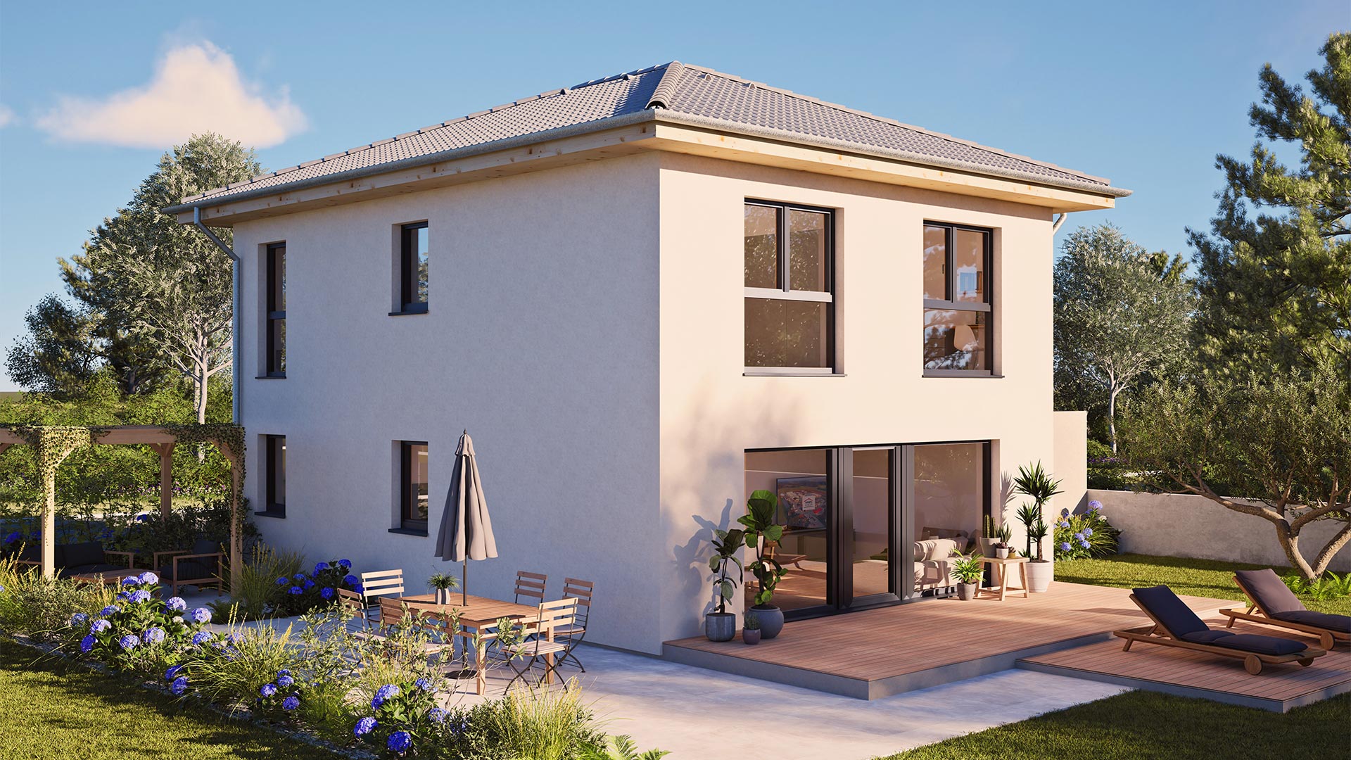 Modern zweistöckiges Haus mit Terrasse, Gartenmöbeln und blühenden Pflanzen unter blauem Himmel.