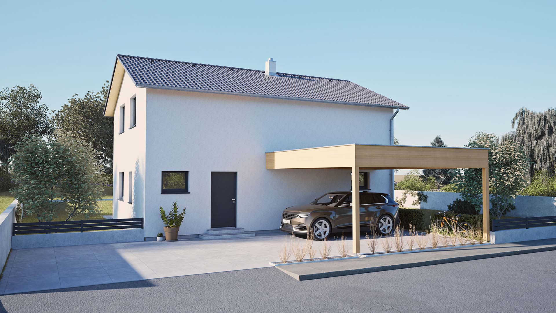 Modernes Fertighaus von Hartl Haus mit Carport und grauem Dach, umgeben von Garten und Einfahrt.