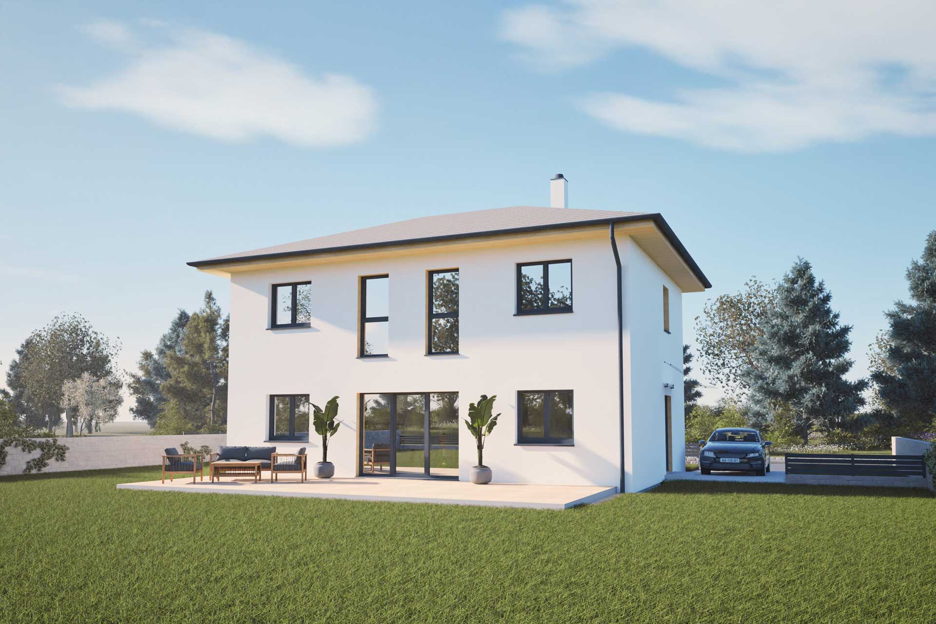 Modernes Einfamilienhaus mit heller Putzfassade, Gartenmöbeln und zwei großen Terrassentüren