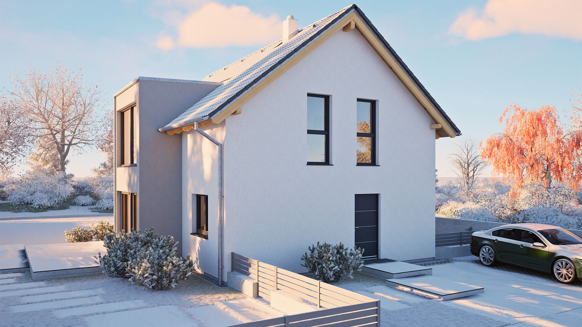 Modernes weißes Einfamilienhaus mit Satteldach in leichter Winterlandschaft und geparktem Auto.
