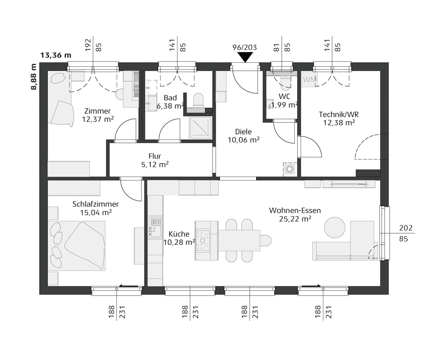 Grundriss mit Schlafzimmer, Zimmer, Bad, Küche, Wohn-Essen, WC, Technikraum, Diele und Flur.