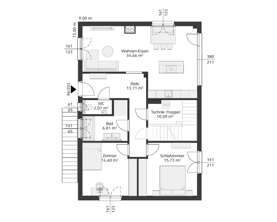 Grundriss Erdgeschoss mit Wohnen-Essen, Diele, WC, Bad, Zimmer, Schlafzimmer und Technikraum mit Treppe.