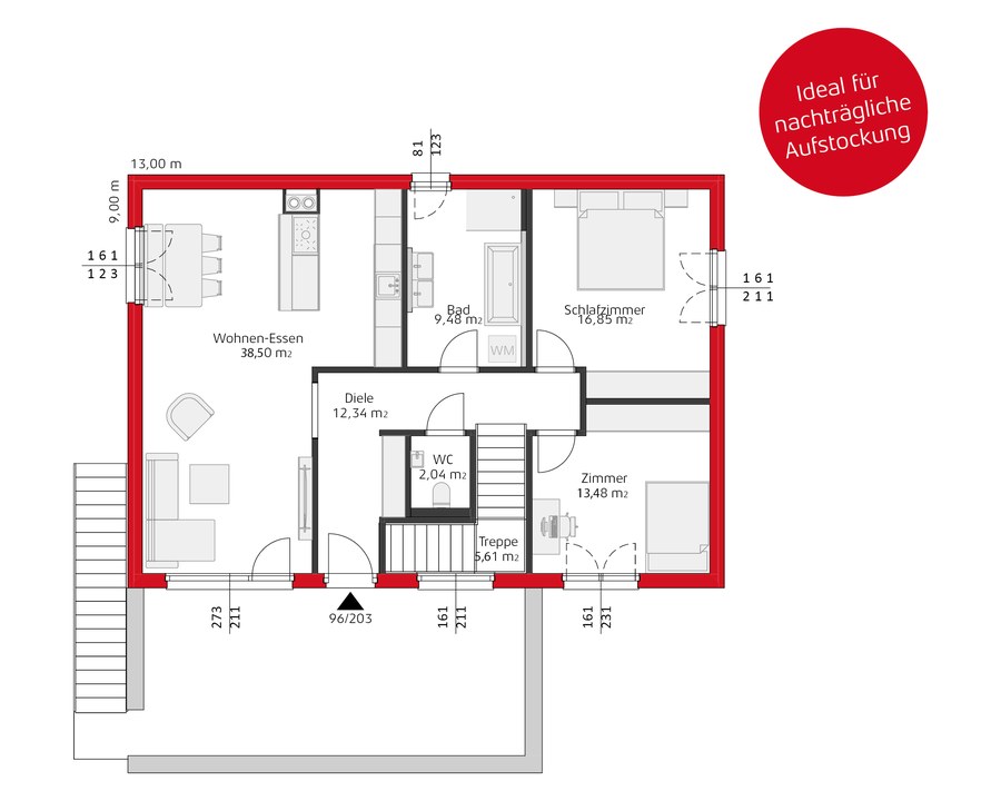 Grundriss Obergeschoss mit Wohnen-Essen, Diele, WC, Bad, Schlafzimmer, Zimmer und Treppe.