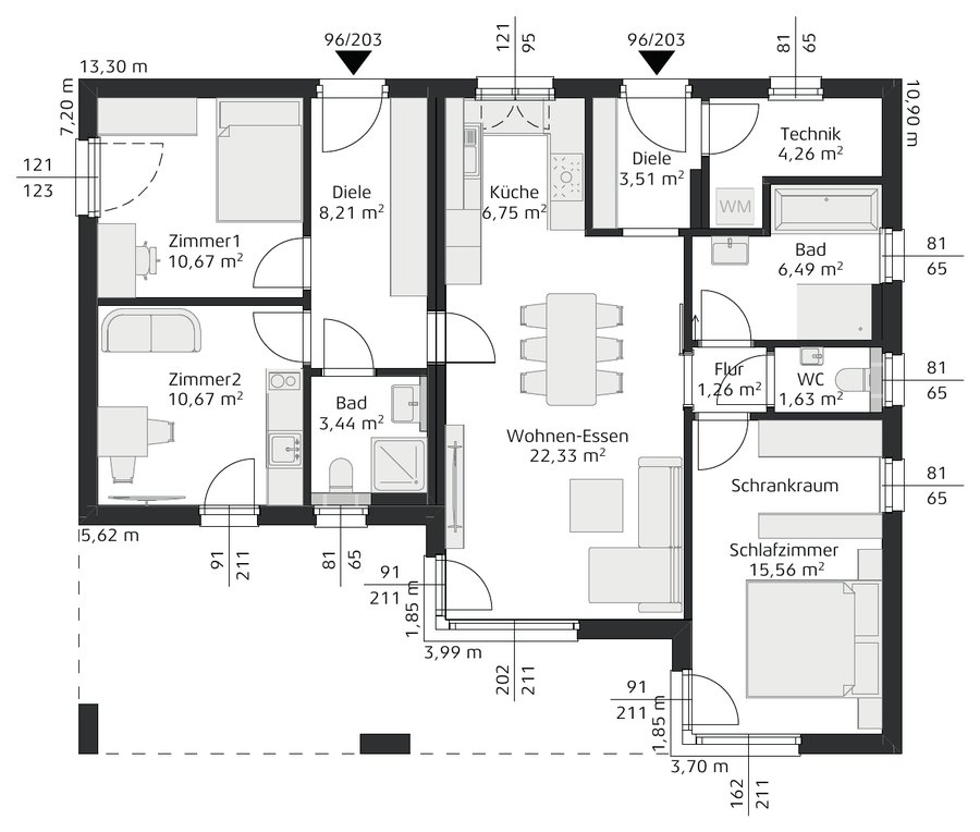 Grundriss Erdgeschoss mit Wohnen-Essen, Küche, zwei Dielen, zwei Bädern, WC, Zimmer 1 und 2, Schlafzimmer mit Schrankraum und Technikraum.
