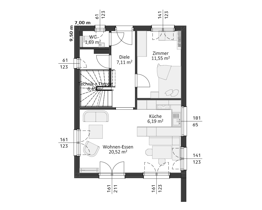 Grundriss mit Wohn- und Essbereich, Küche, Zimmer, WC, Technikraum und Diele