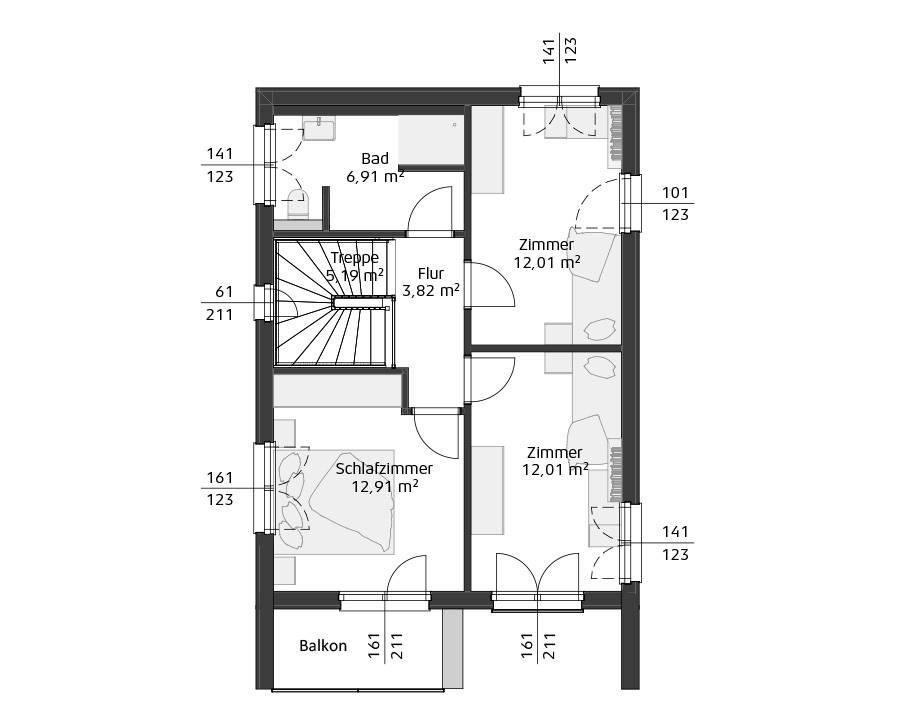 Grundriss mit Schlafzimmer, zwei Zimmern, Bad, Flur und Balkon