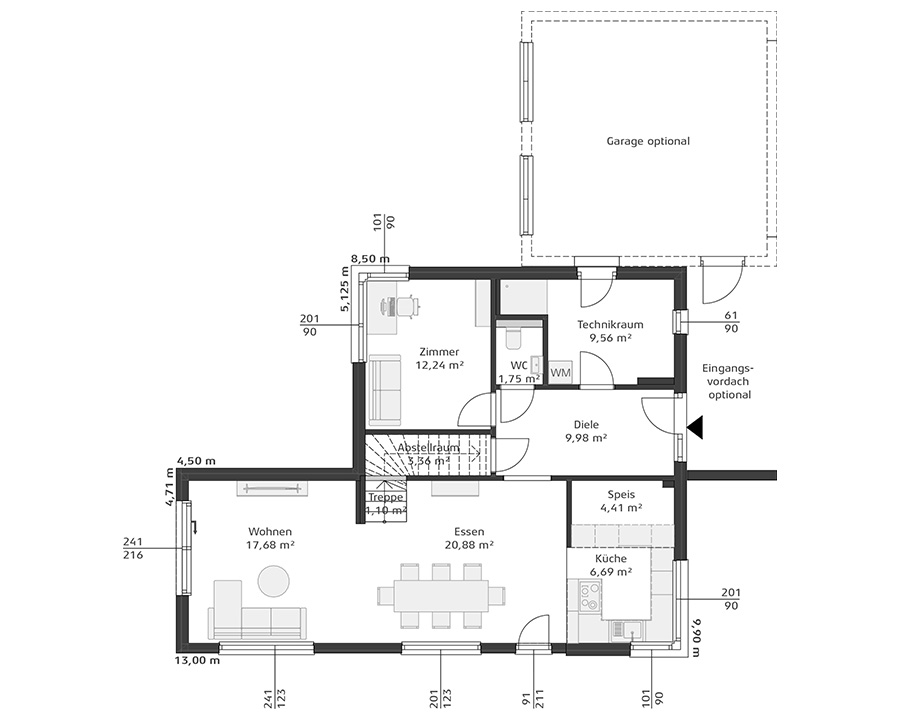 Grundriss des Erdgeschosses eines Einfamilienhauses mit Wohnzimmer, Essbereich, Küche, Speisekammer, Diele, Gäste-WC, Technikraum, einem zusätzlichen Zimmer und Abstellraum. Optional mit Garage und Eingangsüberdachung.