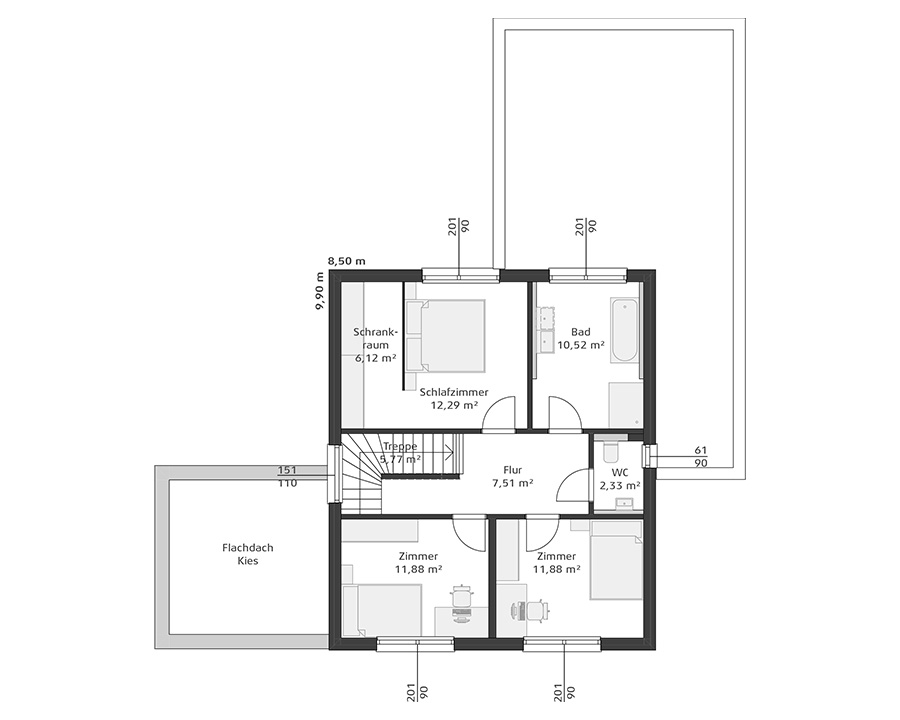 Grundriss des Obergeschosses eines Einfamilienhauses mit Schlafzimmer, begehbarem Schrankraum, Bad, separatem WC, Flur und drei weiteren Zimmern.