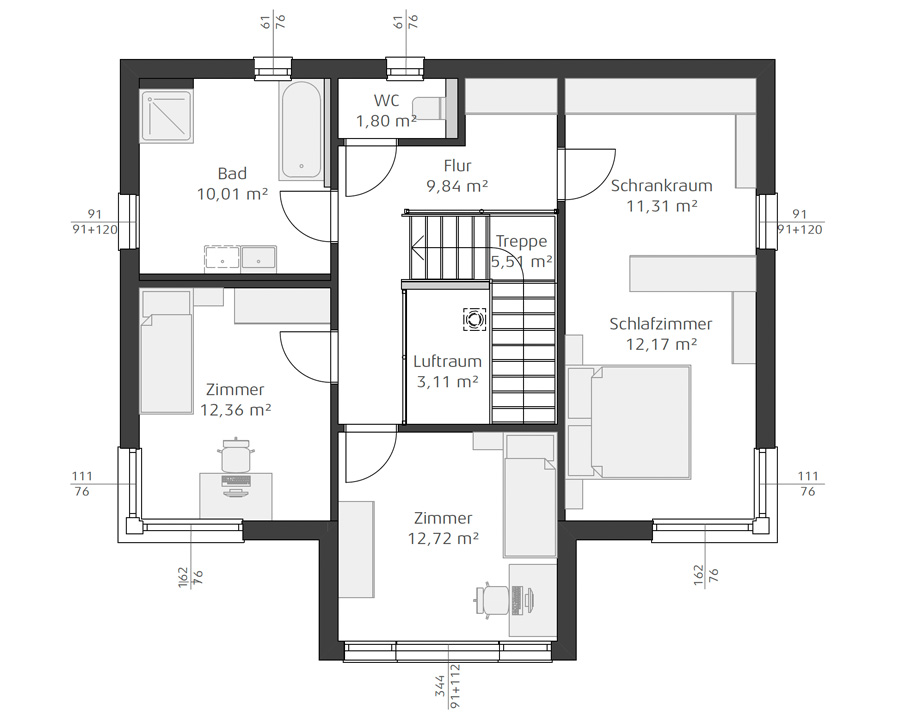 Grundriss einer oberen Etage mit zwei Zimmern, Schlafzimmer, Schrankraum, Bad, WC, Flur, Treppe und Luftraum, mit Quadratmeterangaben.