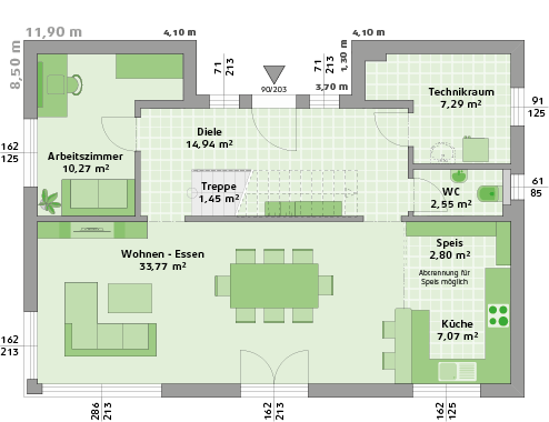 Grundriss des Erdgeschosses eines Einfamilienhauses mit offenem Wohn- und Essbereich, Küche, Speisekammer, Diele, Gäste-WC, Technikraum und Arbeitszimmer.