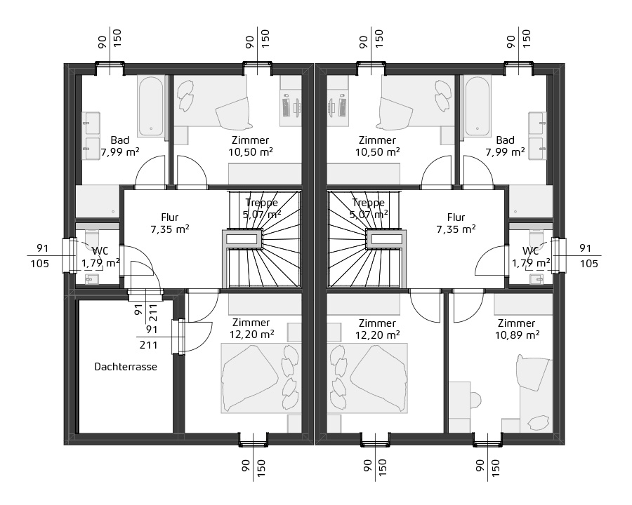 Grundriss eines Doppelhauses mit zwei identischen Wohneinheiten, jeweils mit Bad, WC, Flur, Treppe, drei Zimmern und einer Dachterrasse auf der linken Seite.