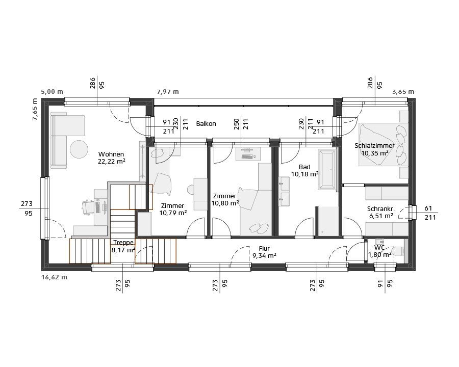 Grundriss des Obergeschosses mit Schlafzimmer, Bad, zwei Kinderzimmern und Balkon