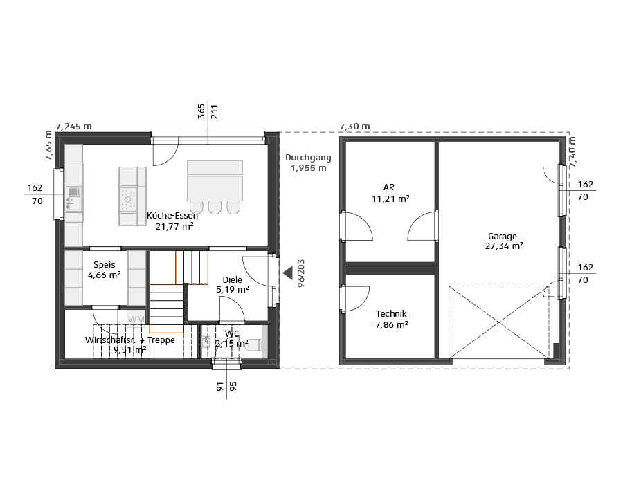 Grundriss des Erdgeschosses mit Küche, Speisekammer, Technikraum, WC und Garage