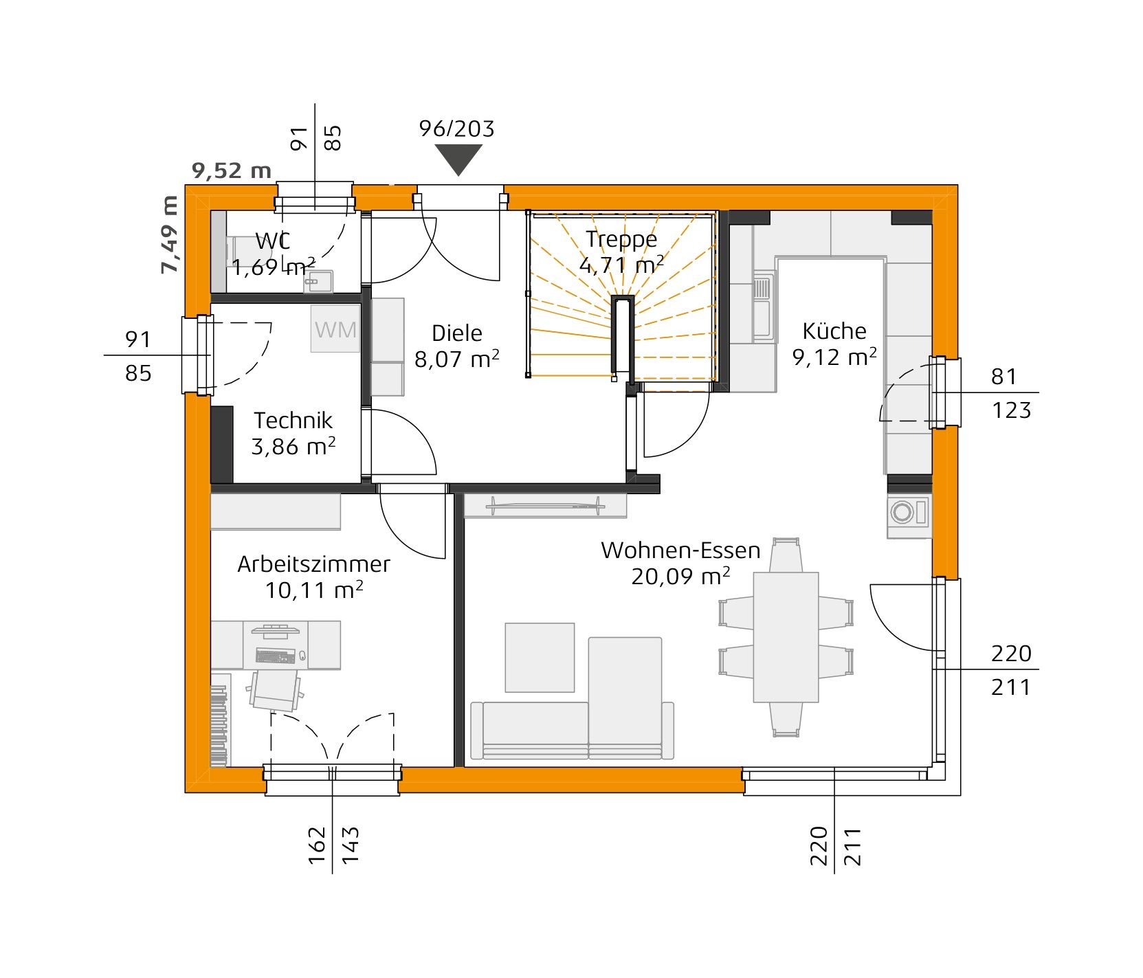 Grundriss des Erdgeschosses mit Diele, Küche, offenem Wohn- und Essbereich, Arbeitszimmer, Technikraum, WC und Treppe.