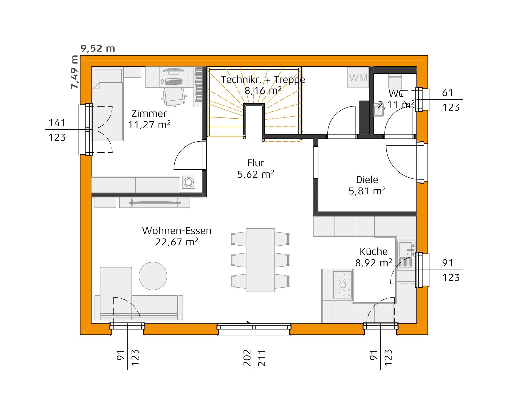 Grundriss des Erdgeschosses mit Technikraum und Treppe, Diele, Küche, WC, offenem Wohn- und Essbereich und zusätzlichem Zimmer.
